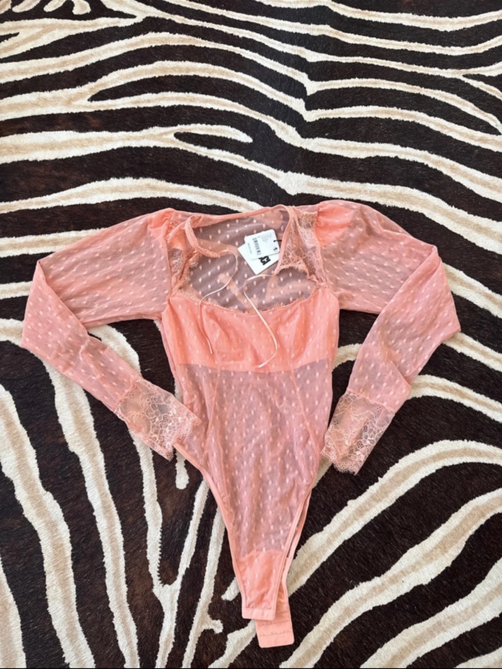 Free People Sheer Peach- Pink Long-Sleeve women’s One-Piece Bodysuit